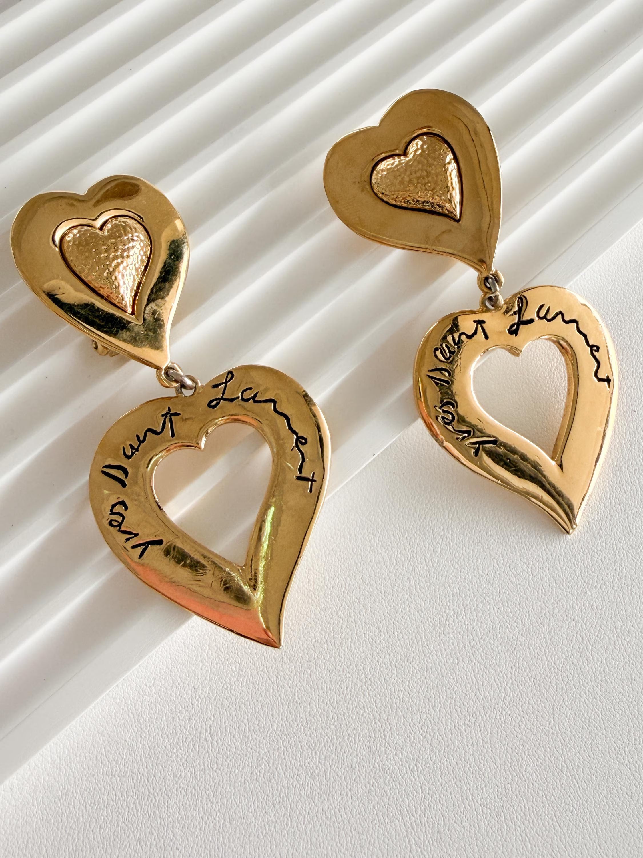 Vintage Yves Saint Laurent gold double heart dangle earrings romantic parisian style