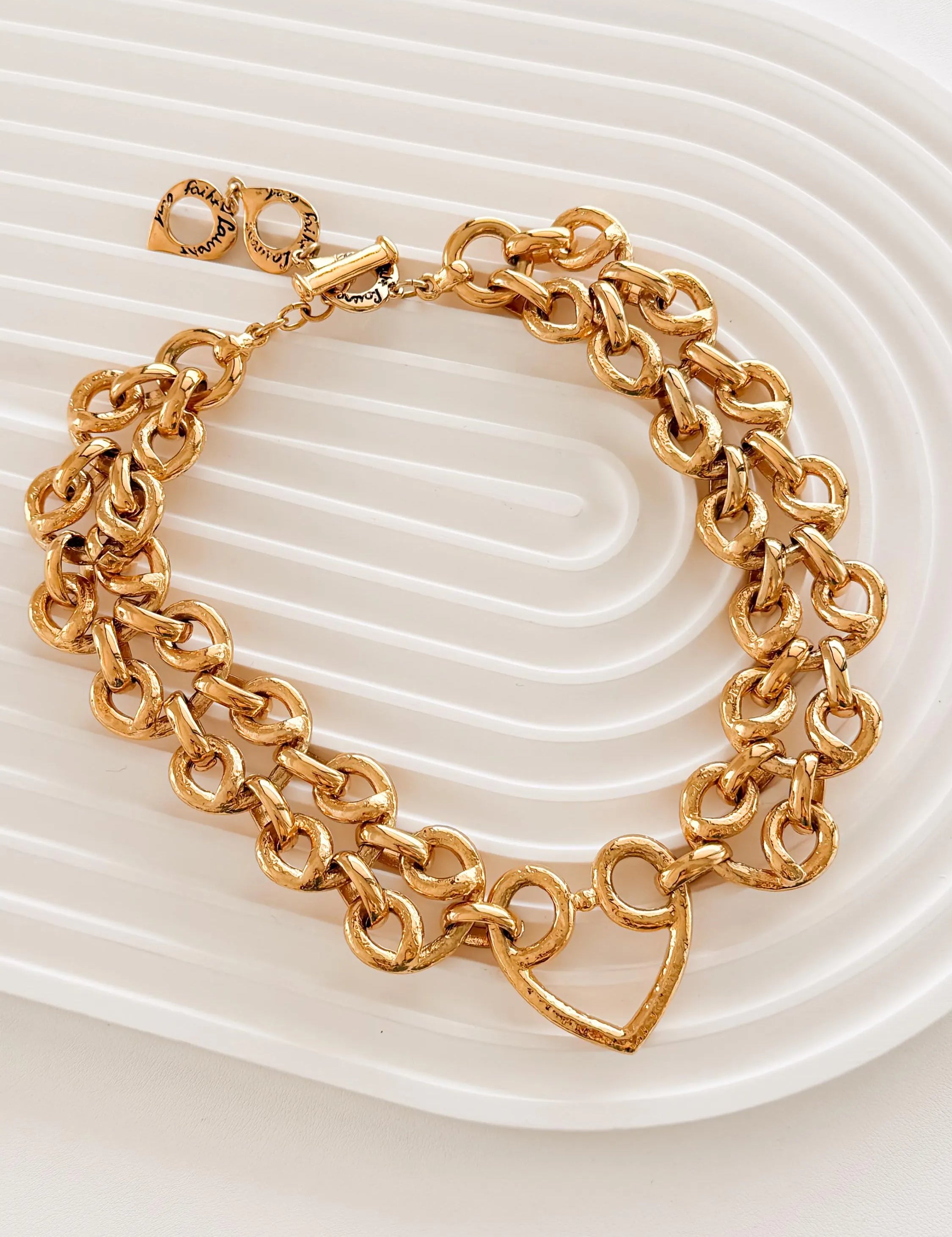 Authentic Vintage YSL Yves Saint Laurent gold heart chain necklace bold link toggle statement