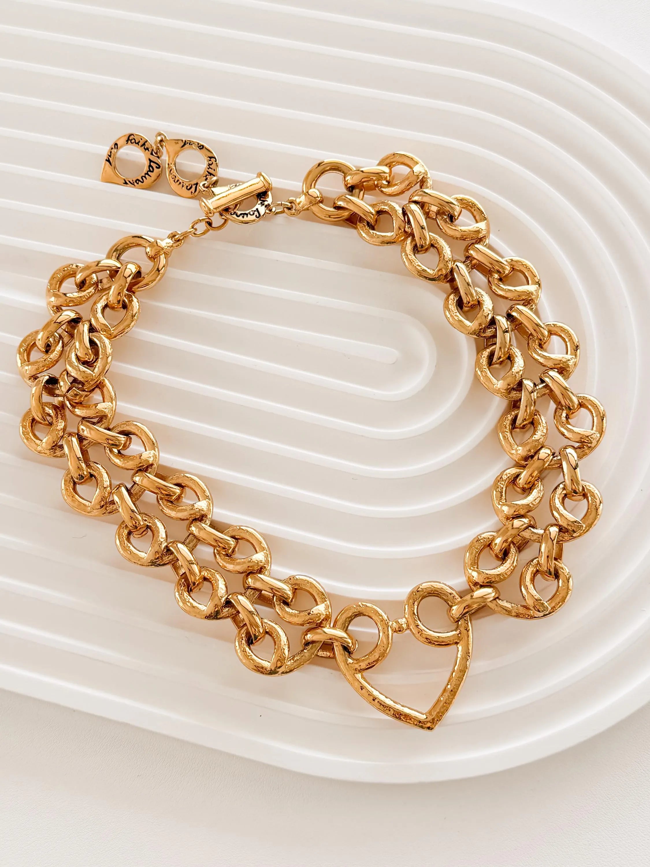 Authentic Vintage YSL Yves Saint Laurent gold heart chain necklace bold link toggle statement