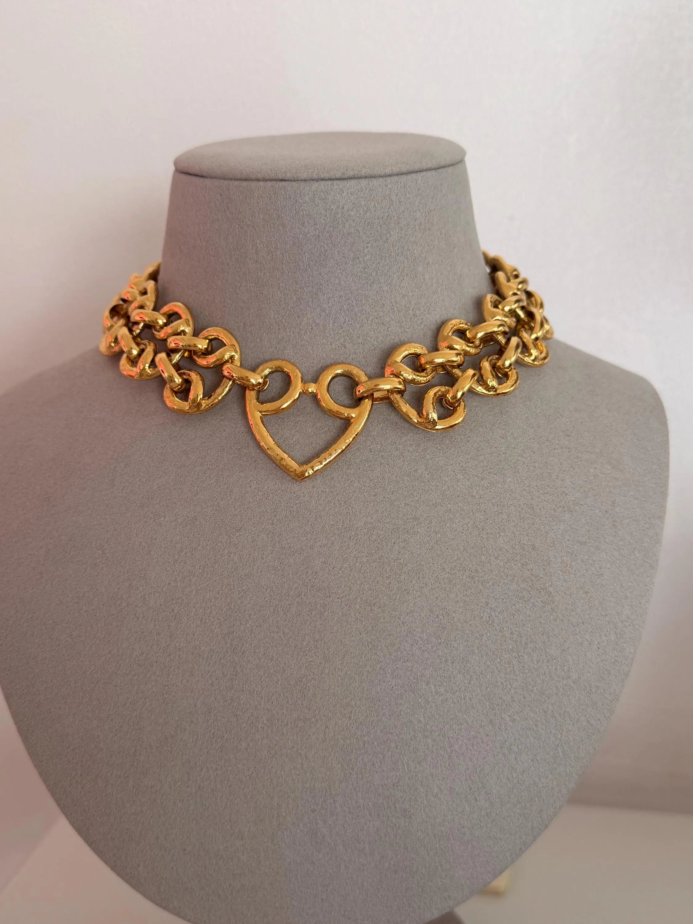 Authentic Vintage YSL Yves Saint Laurent gold heart chain necklace bold link toggle statement