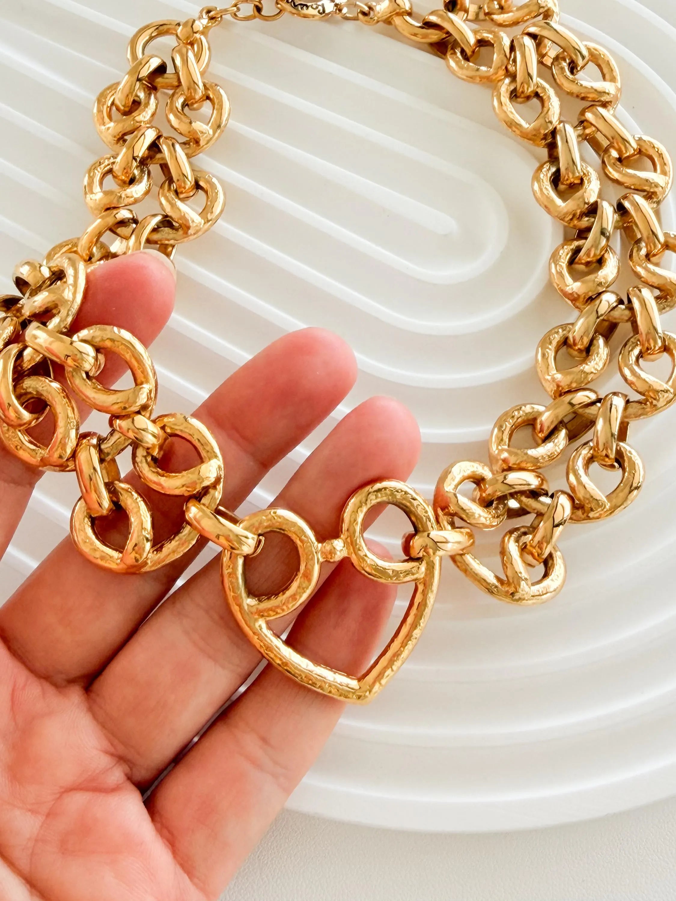 Authentic Vintage YSL Yves Saint Laurent gold heart chain necklace bold link toggle statement