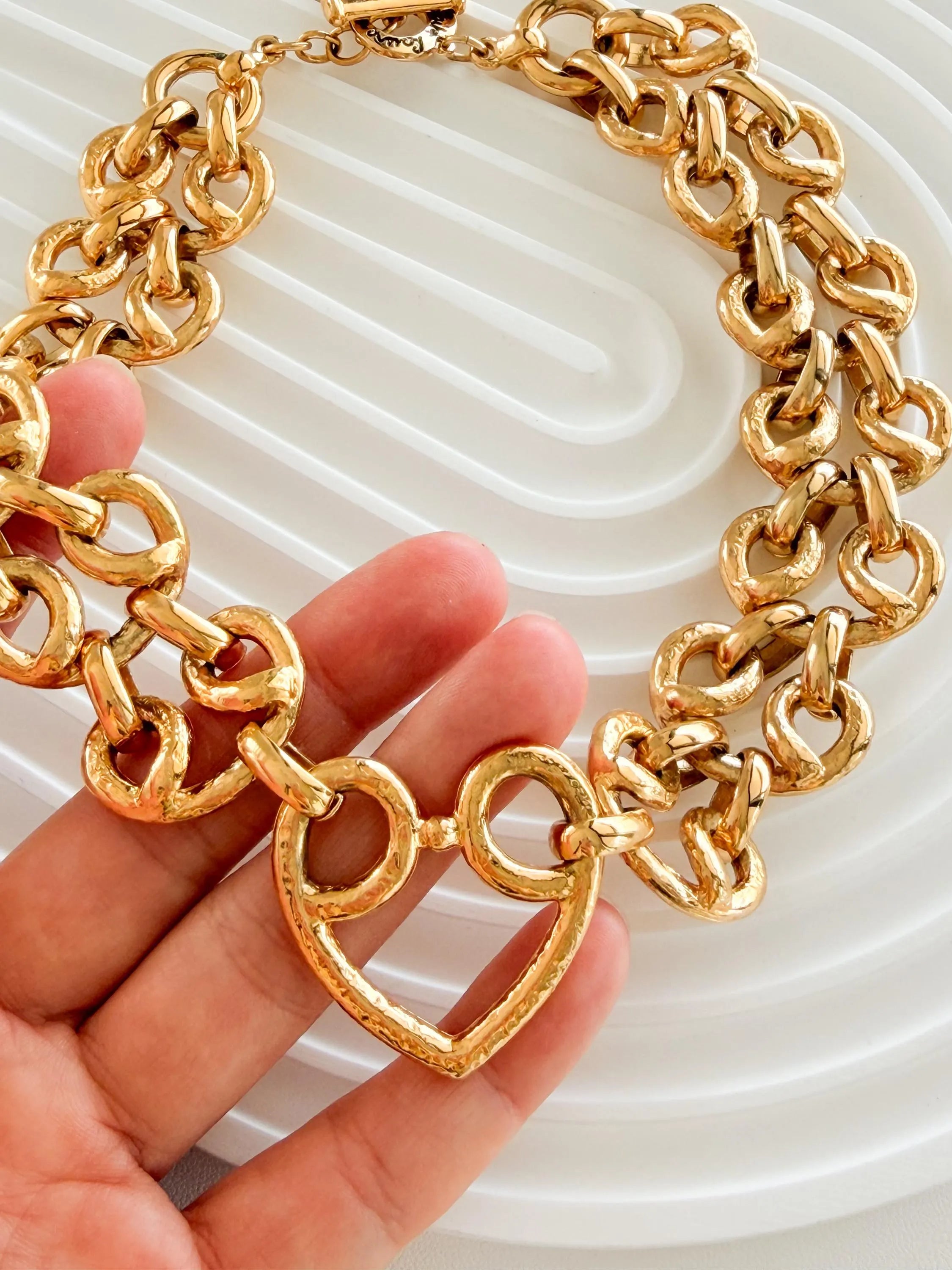 Vintage Yves Saint Laurent gold bold chain necklace with heart centerpiece