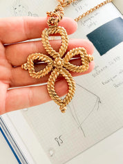 Vintage YSL textured gold cross pendant necklace sculptural openwork design