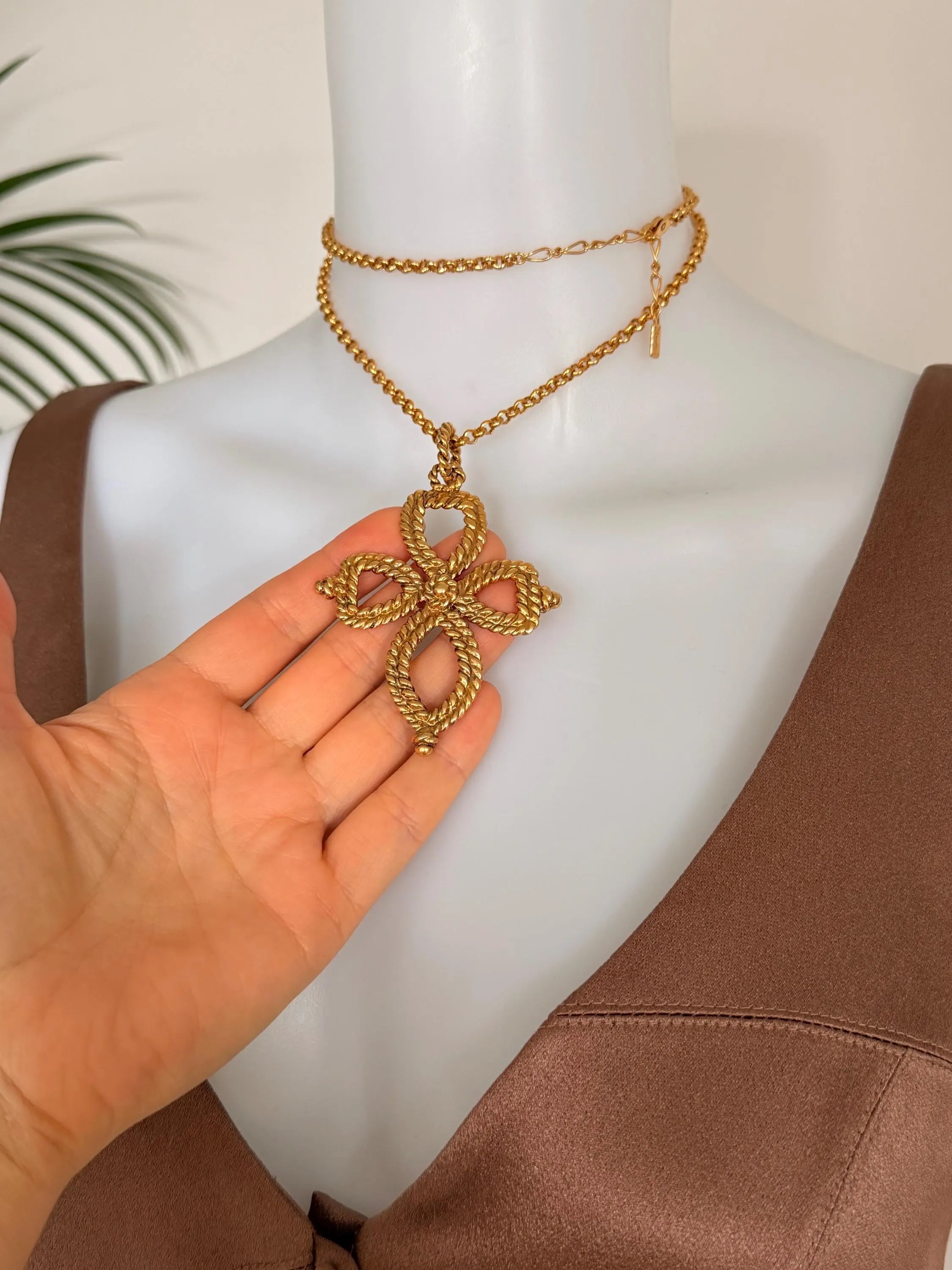 Vintage Yves Saint Laurent gold tone openwork cross pendant long necklace elegant design