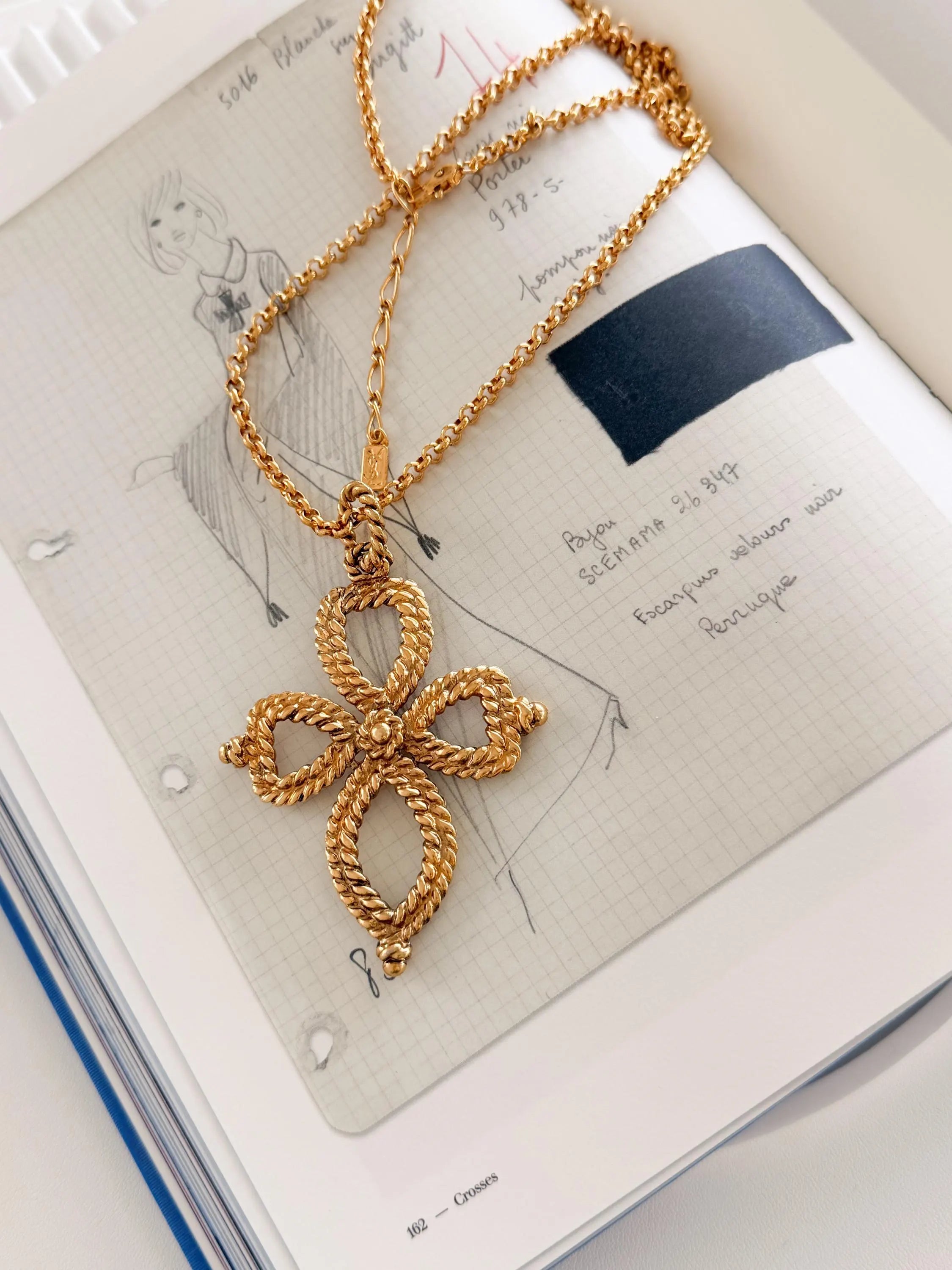 Vintage YSL textured gold cross pendant necklace sculptural openwork design