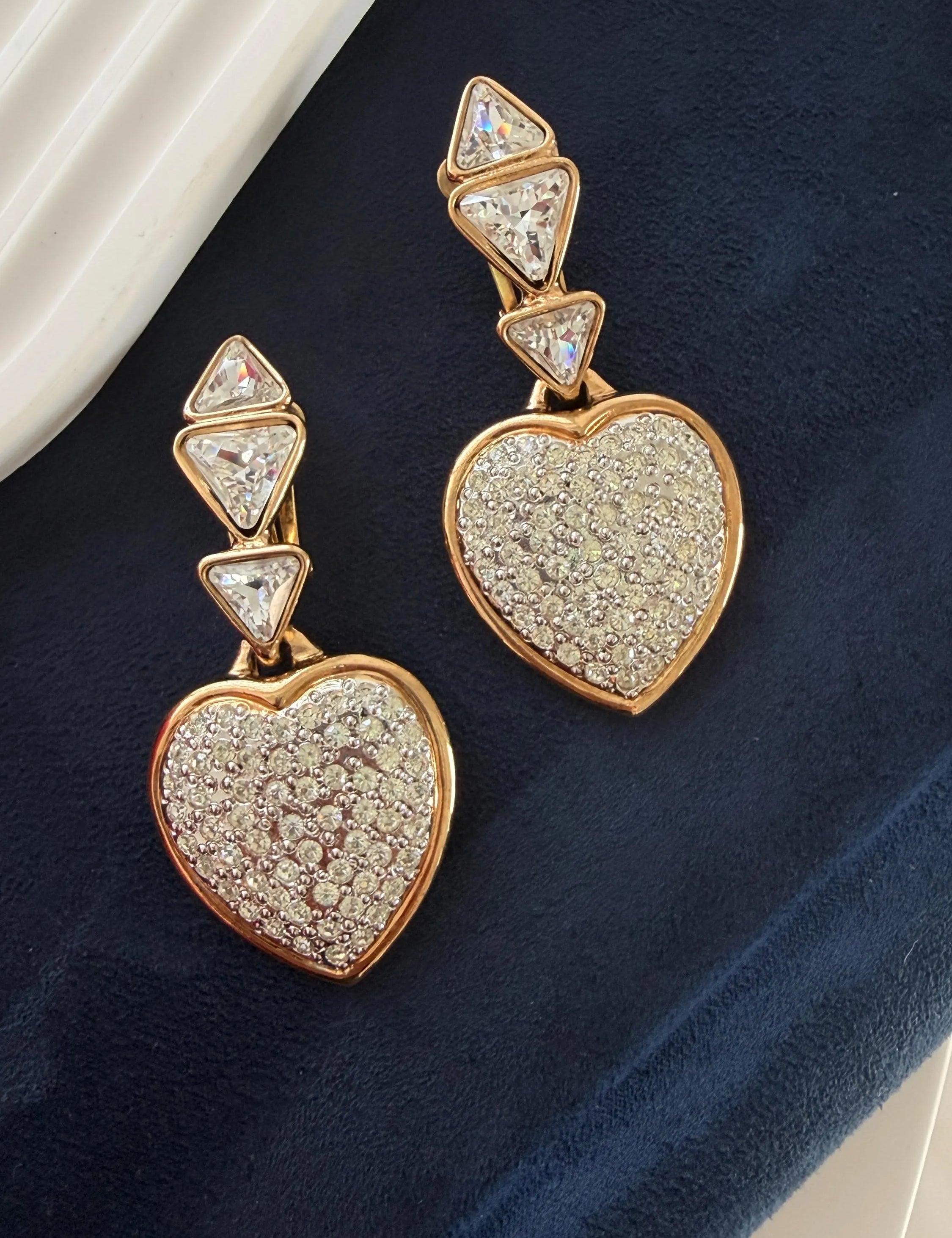 Vintage YSL Yves Saint Laurent gold pave crystal heart clip-on earrings statement jewelry