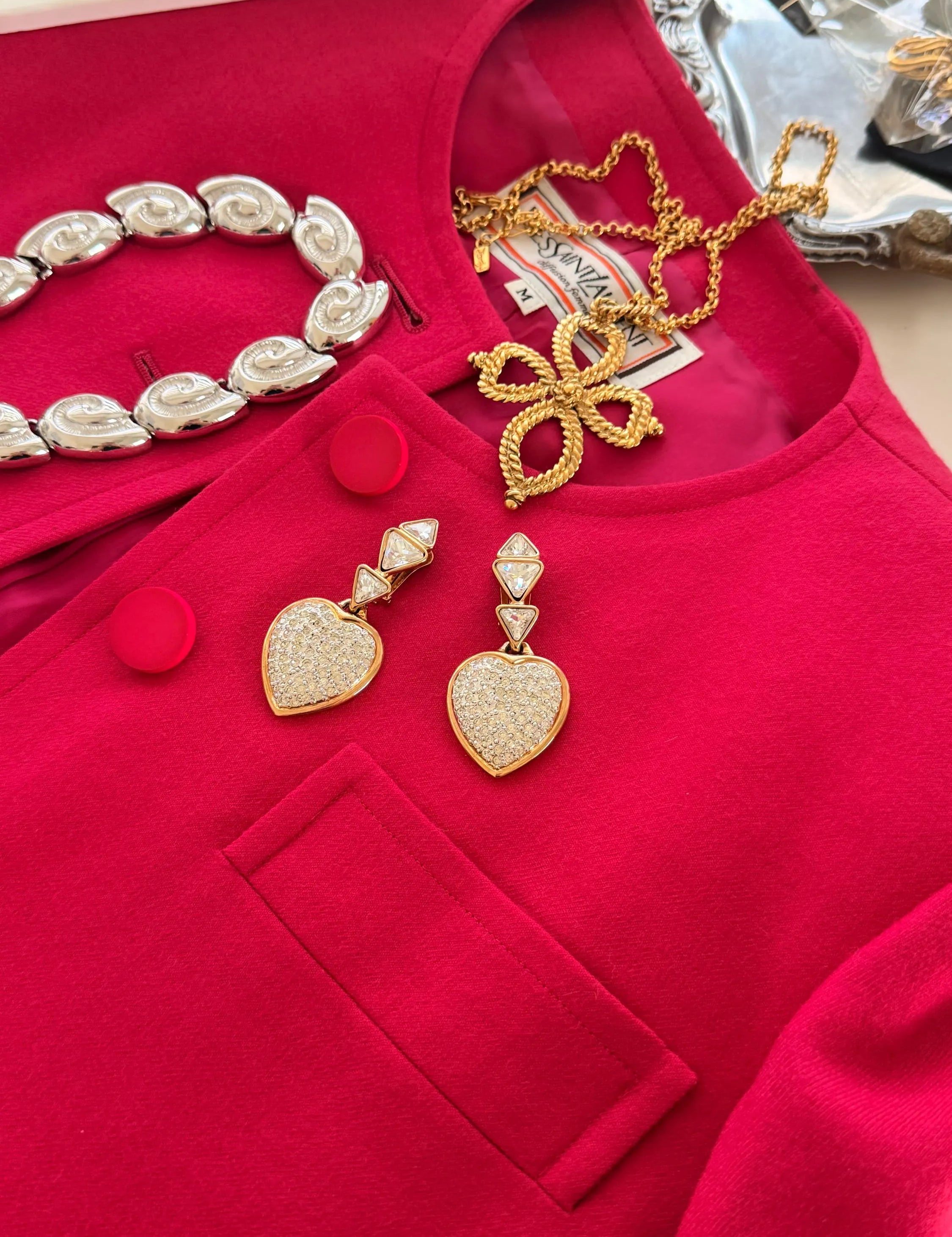 Vintage YSL Yves Saint Laurent gold pave crystal heart clip-on earrings statement jewelry