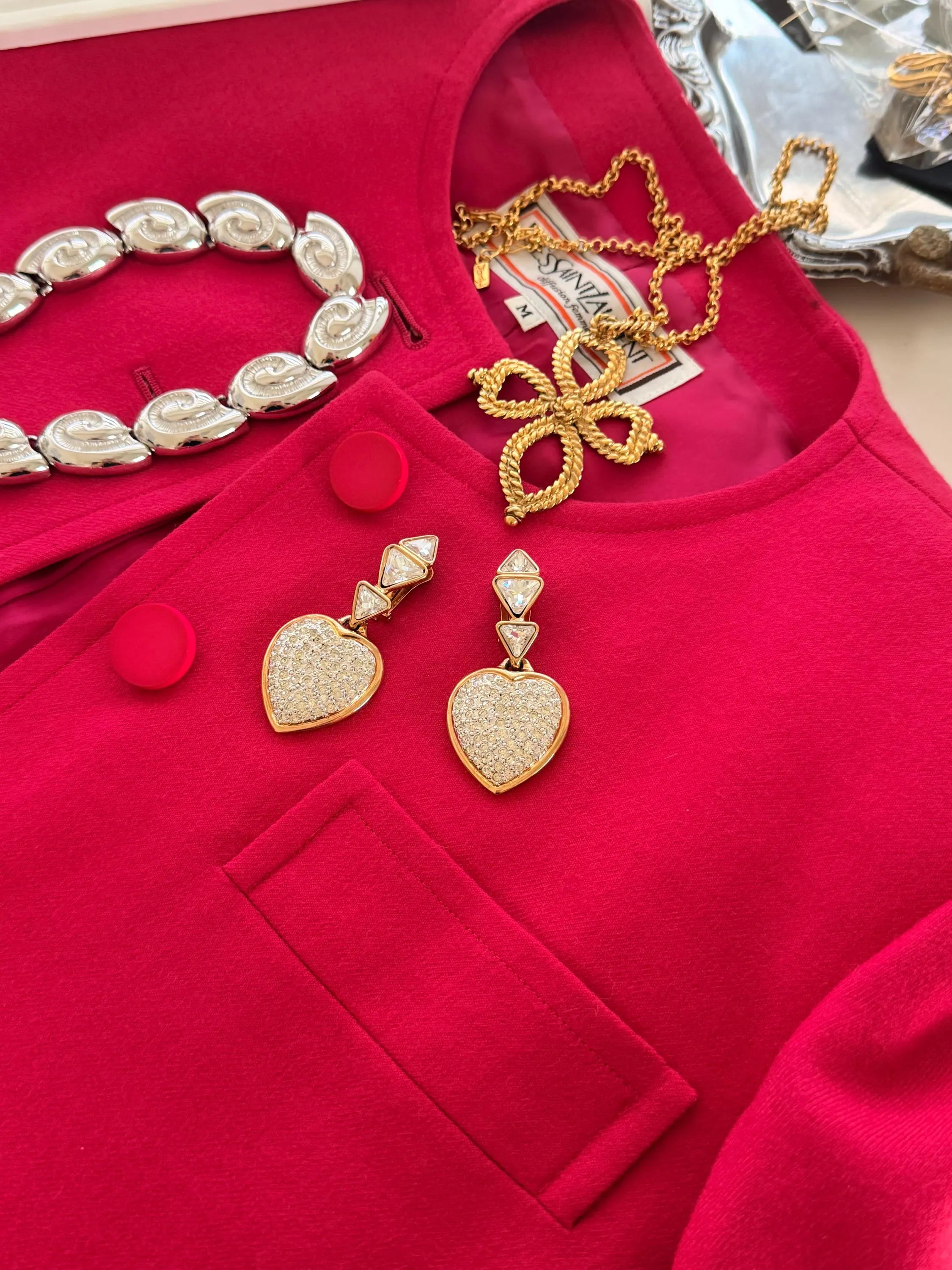 Vintage YSL Yves Saint Laurent gold pave crystal heart clip-on earrings statement jewelry