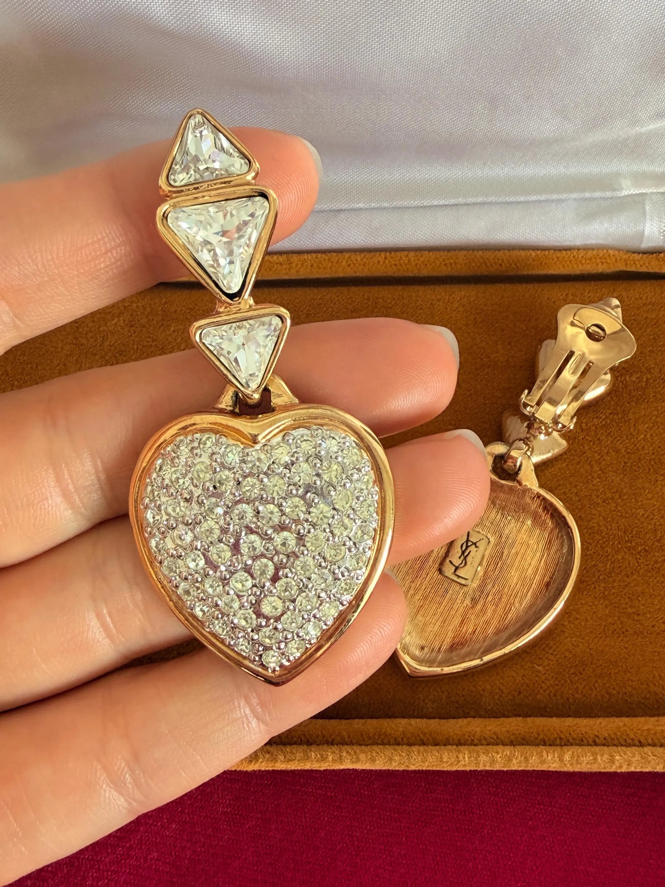Collectible vintage Yves Saint Laurent crystal heart clip-on earrings