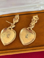Vintage YSL Yves Saint Laurent gold pave crystal heart clip-on earrings statement jewelry