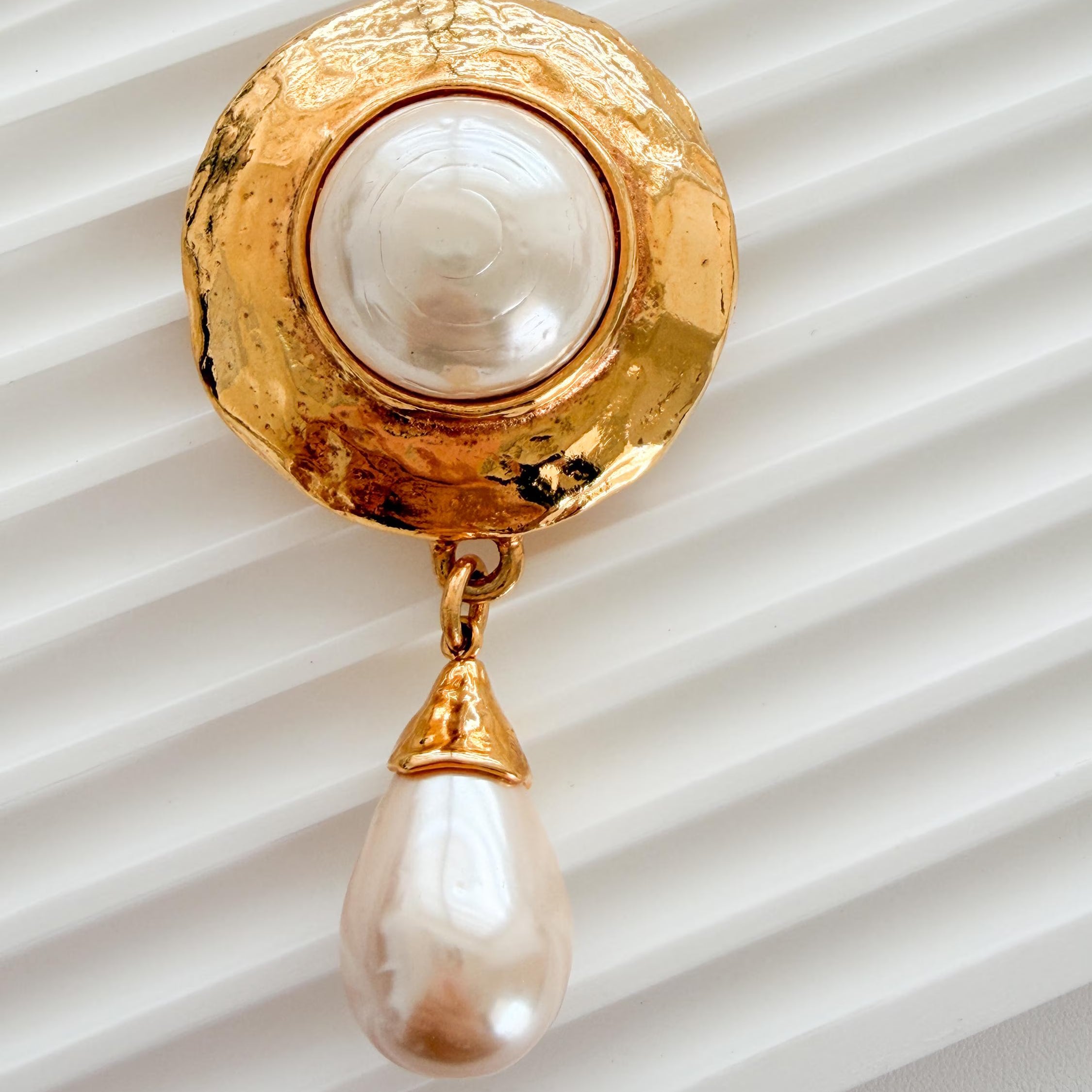Vintage YSL Yves Saint Laurent gold pearl dangle brooch pin elegant designer jewelry