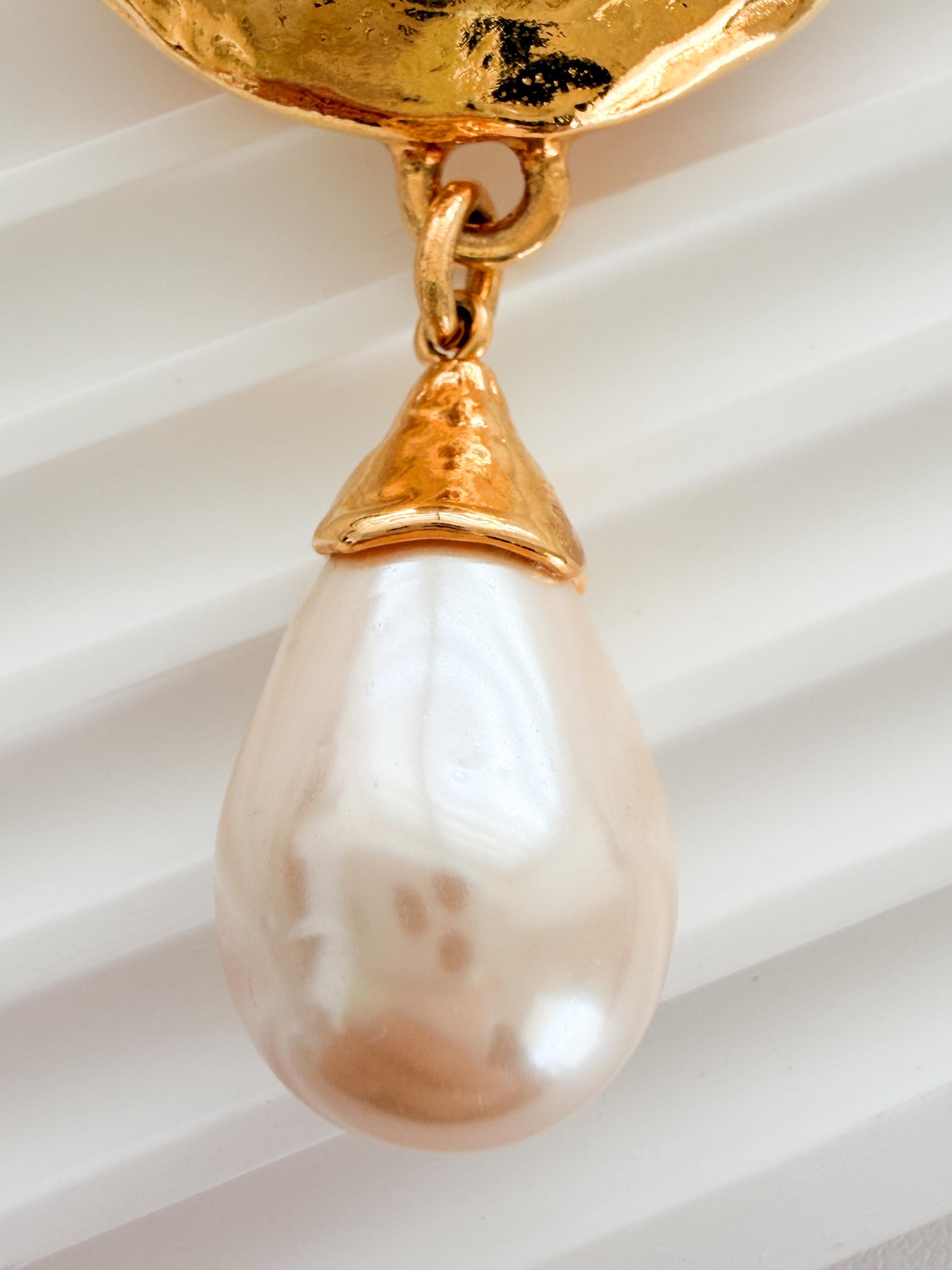 Vintage Yves Saint Laurent gold tone pearl charm dangle brooch elegant statement piece
