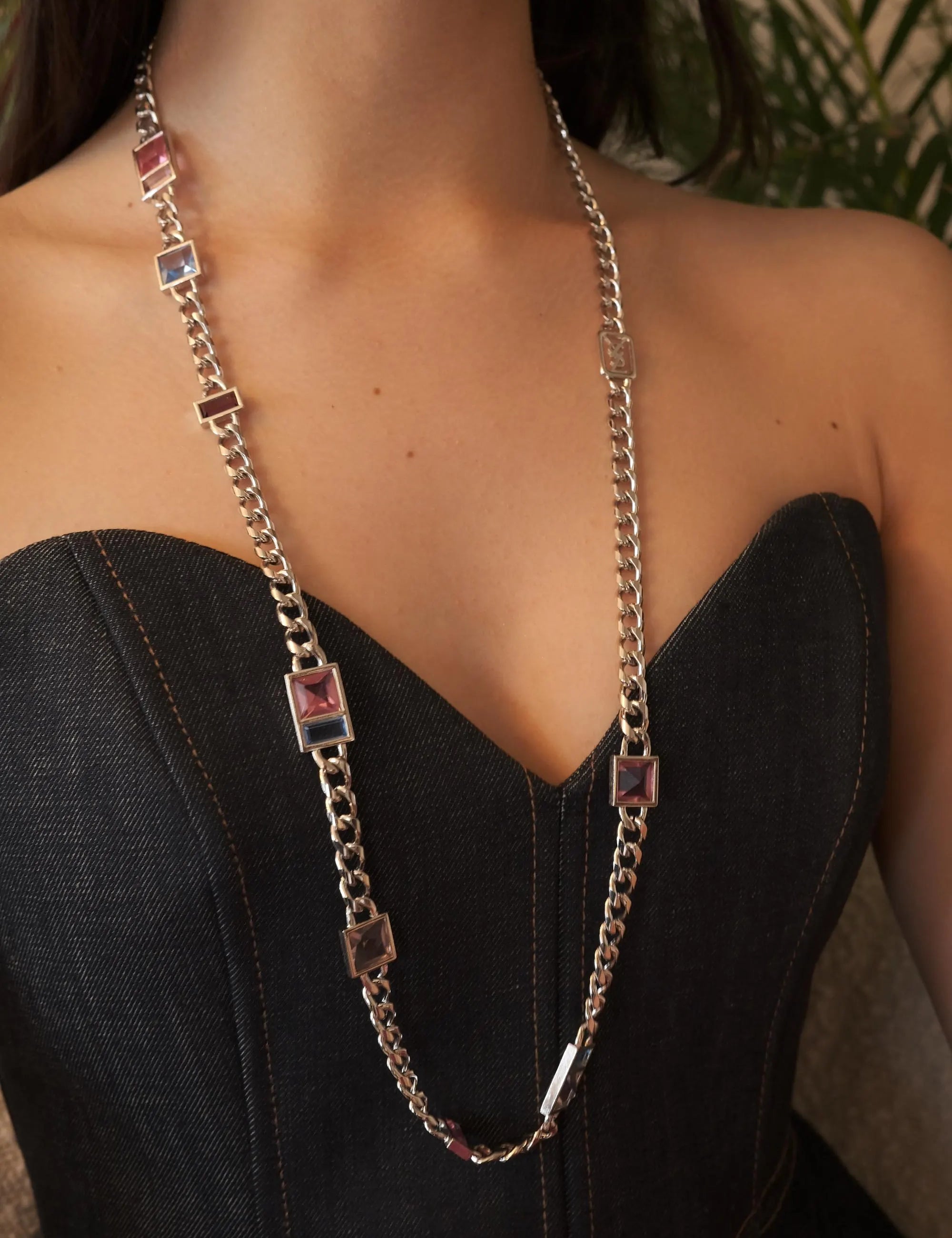 Vintage YSL Yves Saint Laurent Necklace, Vintage Necklace Pendant, Chain Necklace Silver, Gift for her, crystals Pendant Long Necklace