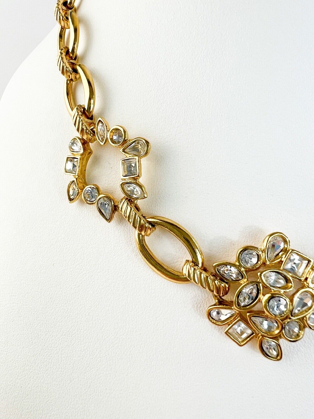 Vintage YSL Yves Saint Laurent Necklace, Floral Necklace, Gold Tone Necklace, Link Charm Necklace, Vintage Rhinestone, Jewelry for Women