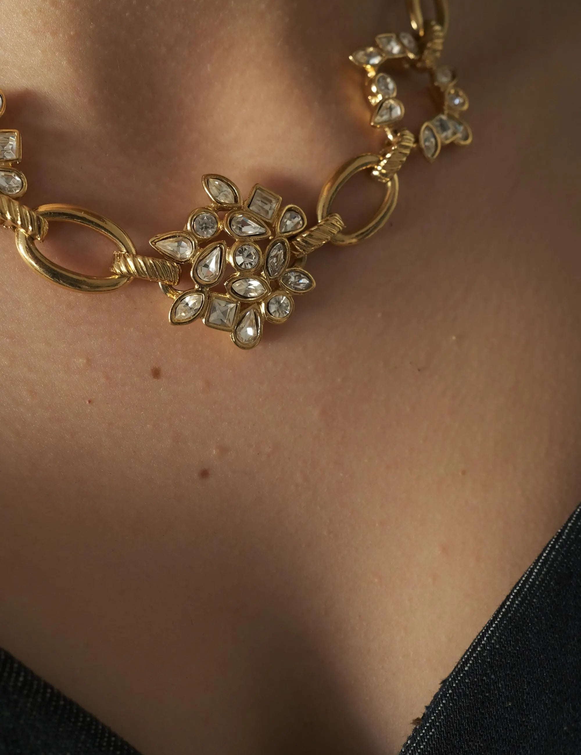 Vintage YSL Yves Saint Laurent Necklace, Floral Necklace, Gold Tone Necklace, Link Charm Necklace, Vintage Rhinestone, Jewelry for Women