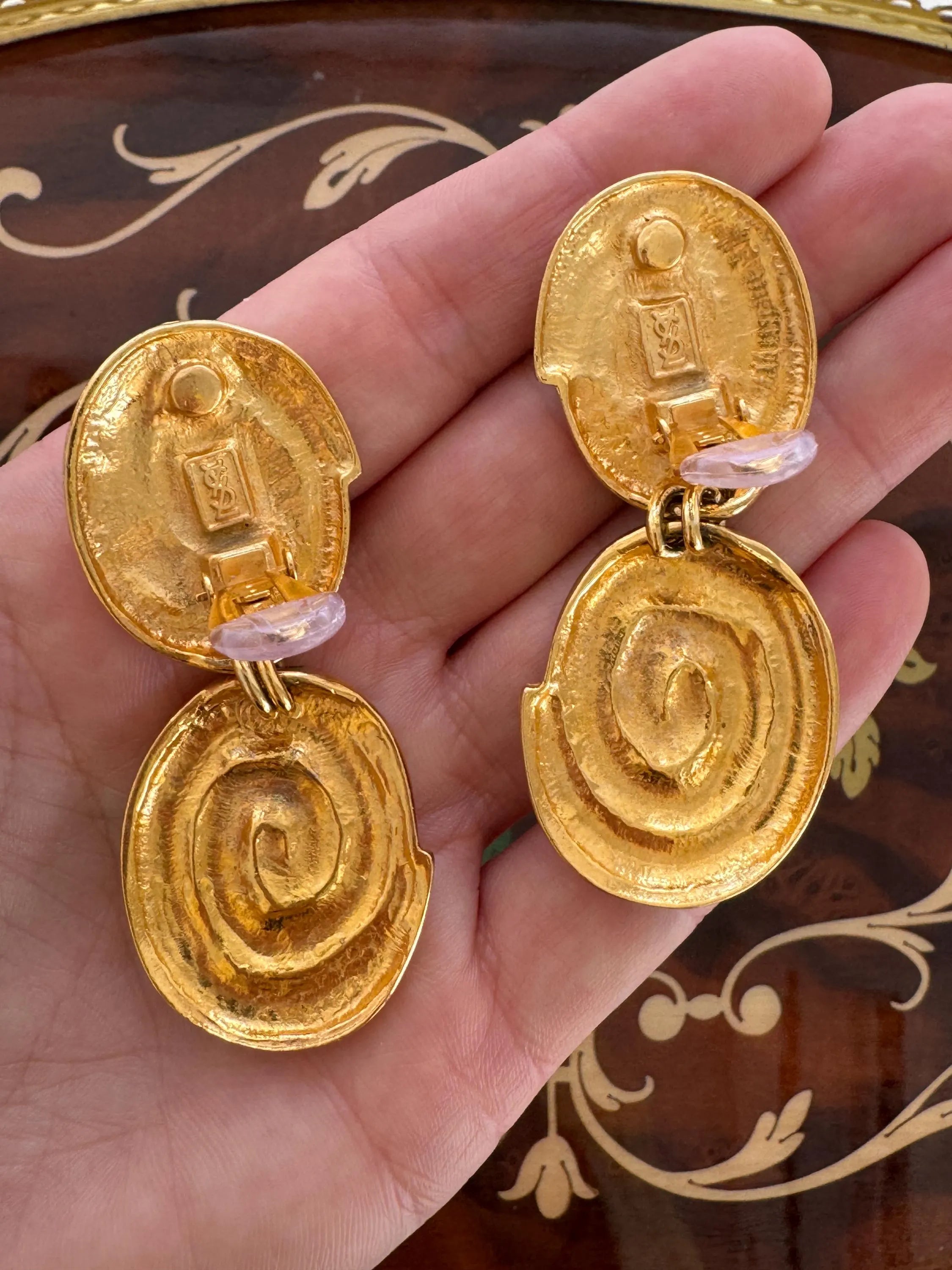 Vintage YSL gold tone spiral clip-on dangle earrings with massive statement design