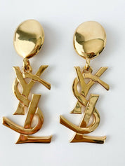 Authentic YSL Yves Saint Laurent vintage gold tone iconic logo drop earrings, made in France, extremely rare collector piece