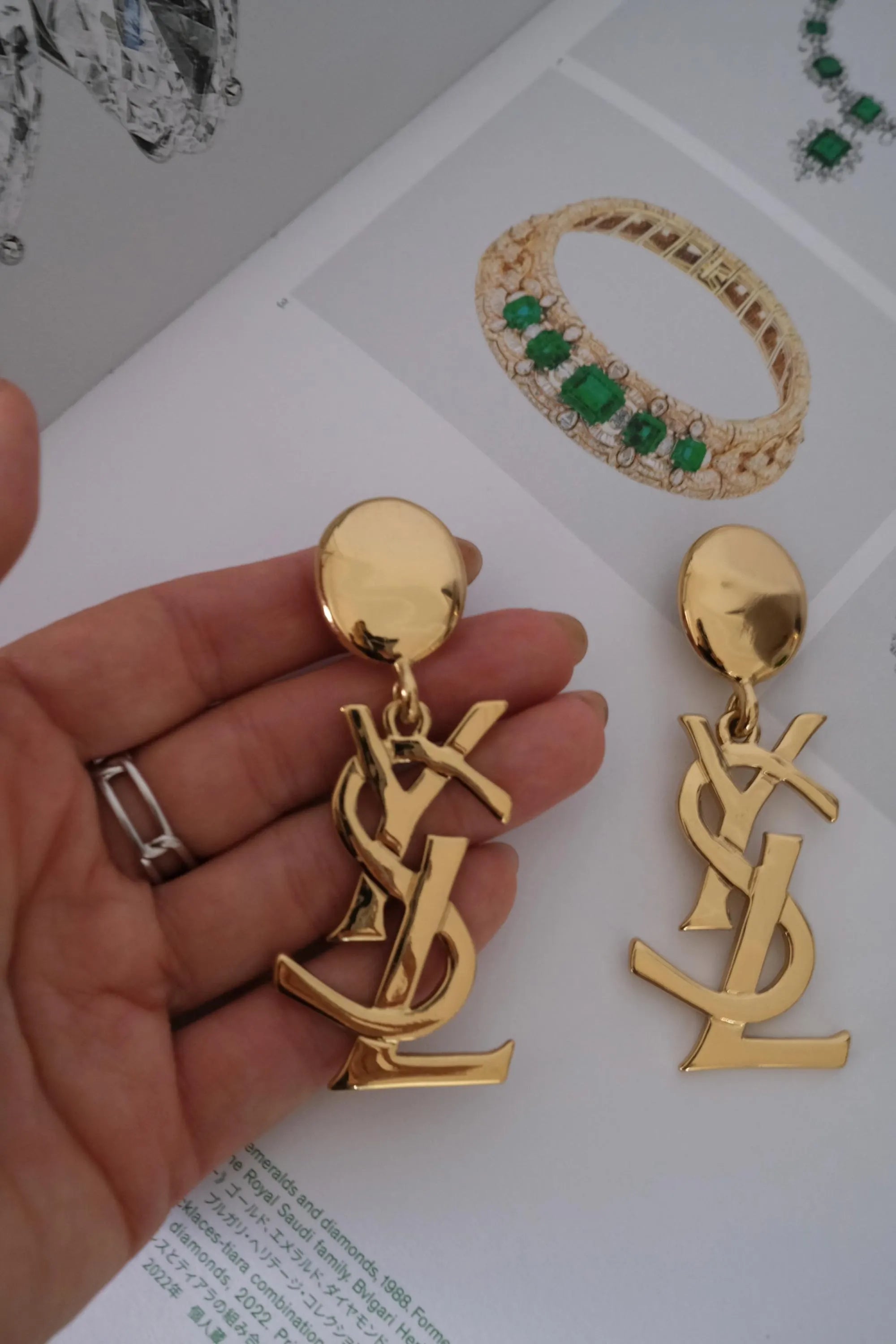 Authentic YSL Yves Saint Laurent vintage gold tone iconic logo drop earrings, made in France, extremely rare collector piece