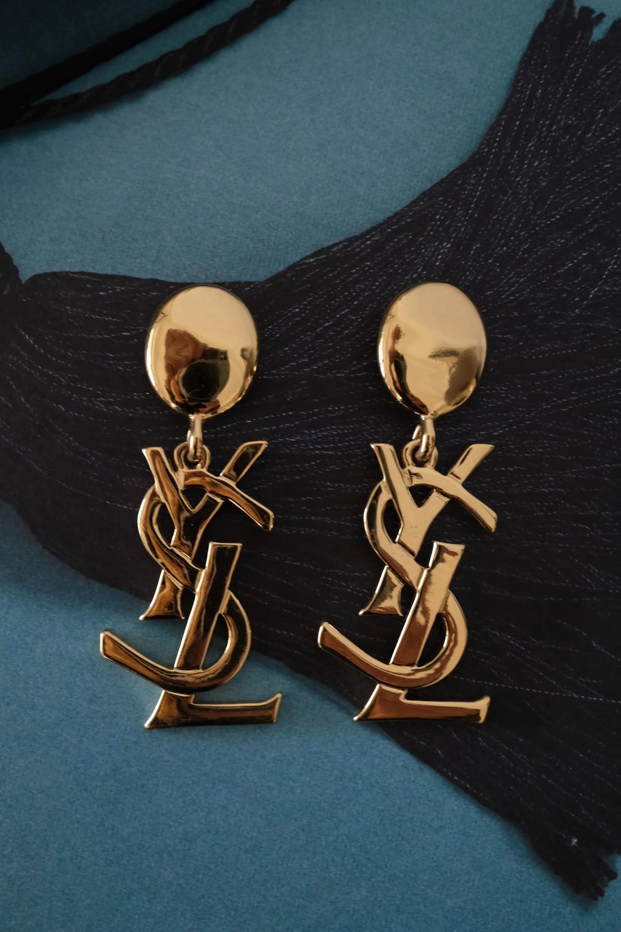 Authentic YSL Yves Saint Laurent vintage gold tone iconic logo drop earrings, made in France, extremely rare collector piece