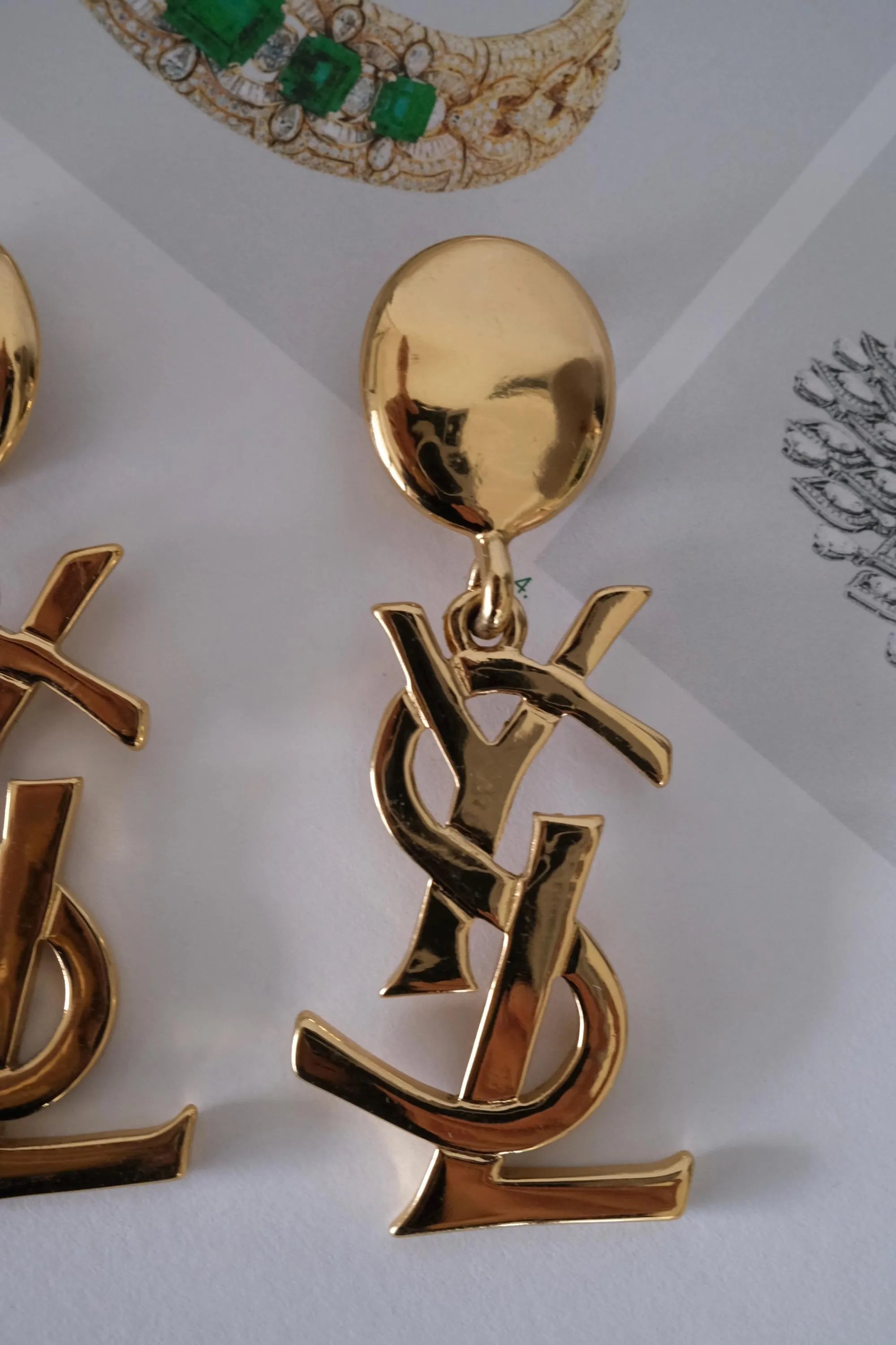 Authentic YSL Yves Saint Laurent vintage gold tone iconic logo drop earrings, made in France, extremely rare collector piece