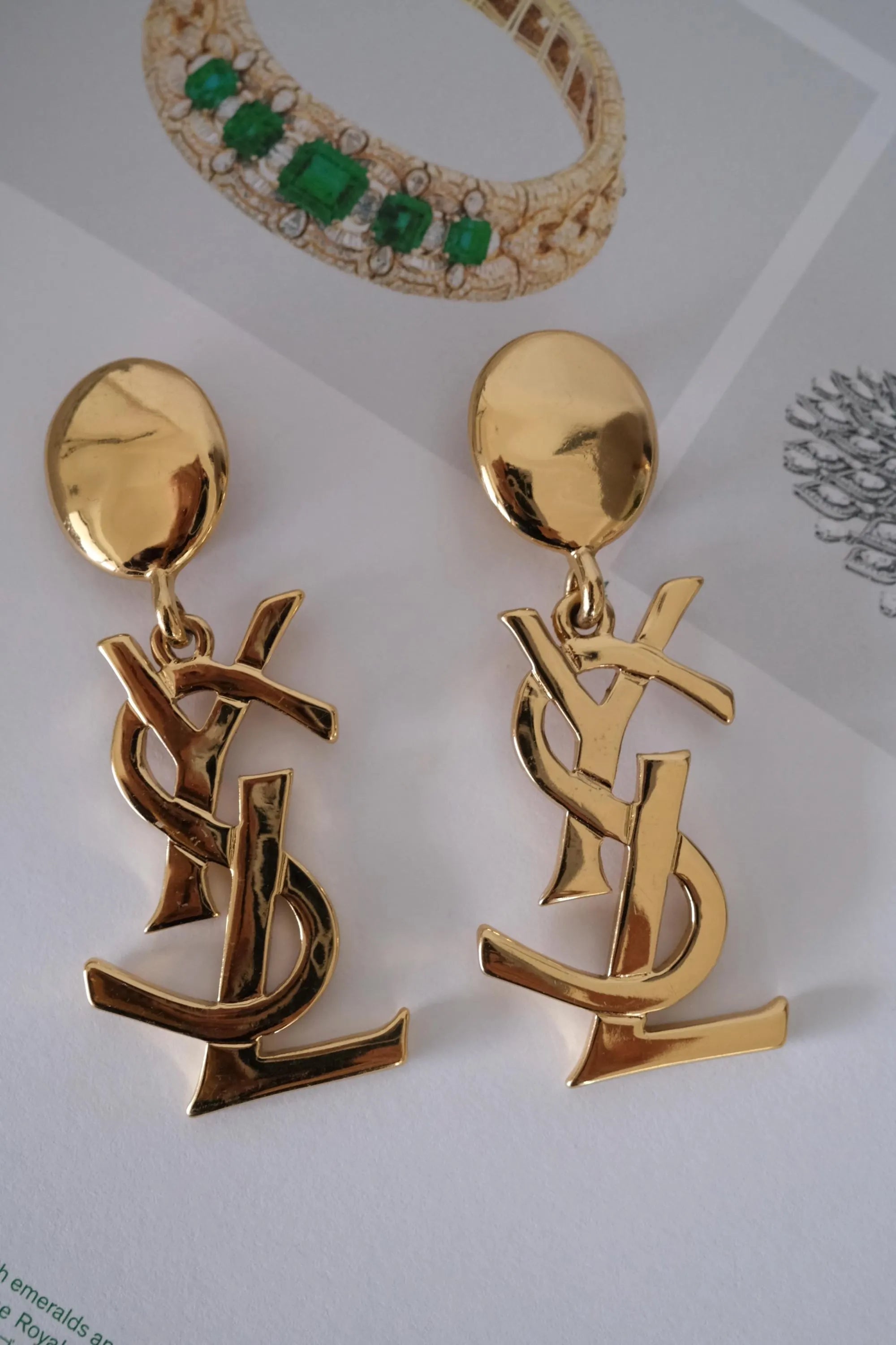 Authentic YSL Yves Saint Laurent vintage gold tone iconic logo drop earrings, made in France, extremely rare collector piece
