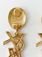 Authentic YSL Yves Saint Laurent vintage gold tone iconic logo drop earrings, made in France, extremely rare collector piece