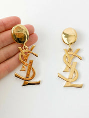 Authentic YSL Yves Saint Laurent vintage gold tone iconic logo drop earrings, made in France, extremely rare collector piece