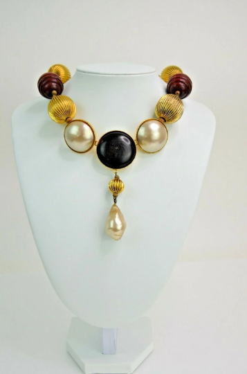 Vintage Yves Saint Laurent 1989 wood pearl necklace 