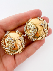 【SOLD OUT】YSL Yves Saint Laurent Vintage Gold Tone Earrings Round Dome Rhinestones