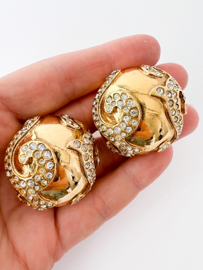 【SOLD OUT】YSL Yves Saint Laurent Vintage Gold Tone Earrings Round Dome Rhinestones