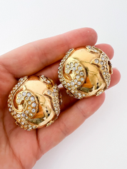 【SOLD OUT】YSL Yves Saint Laurent Vintage Gold Tone Earrings Round Dome Rhinestones