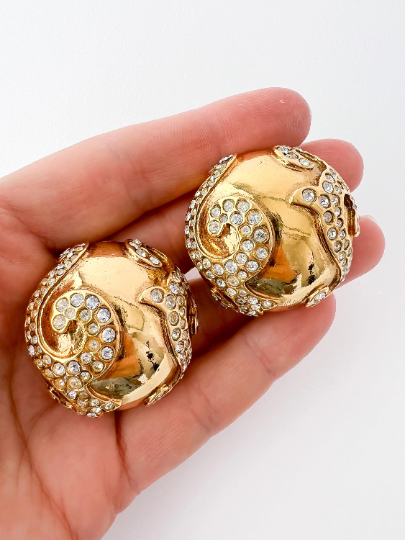 【SOLD OUT】YSL Yves Saint Laurent Vintage Gold Tone Earrings Round Dome Rhinestones