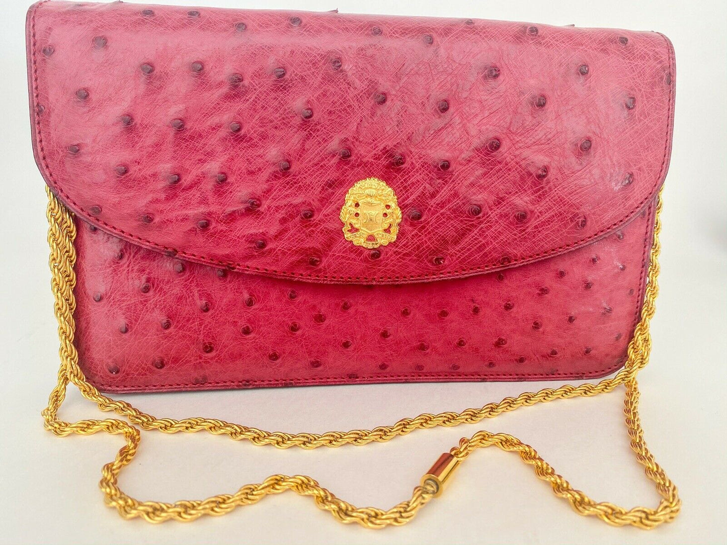 Celine Paris Ostrich Leather shoulder Bag Clutch Bag Crossbody Bag Pink