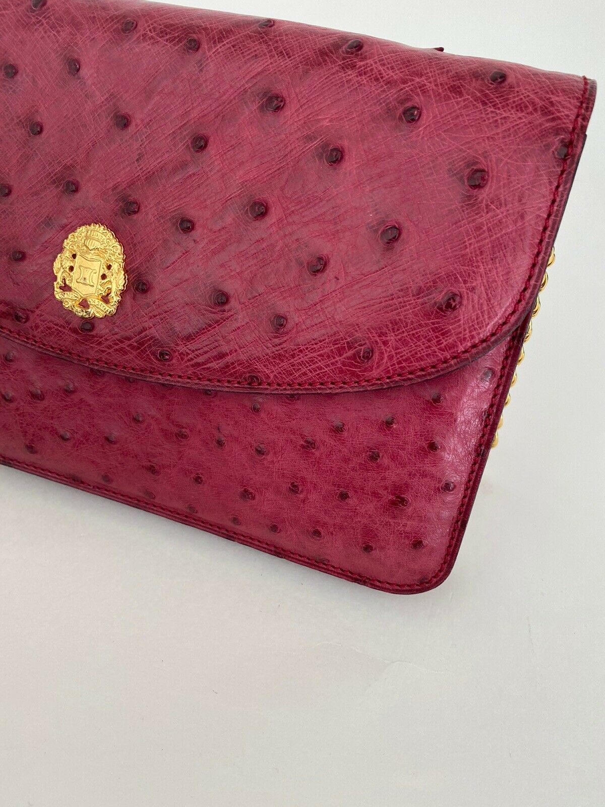 Celine Paris Ostrich Leather shoulder Bag Clutch Bag Crossbody Bag Pink