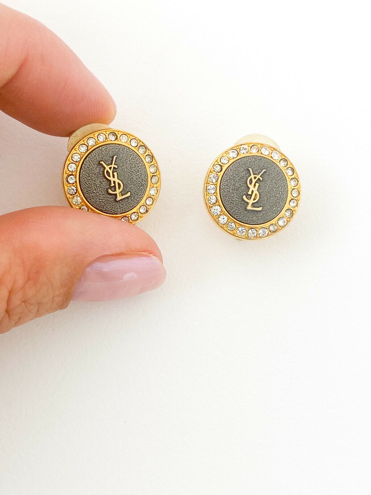 YSL Yves Saint Laurent Vintage Gold Tone Round Disc Earrings YSL Logo