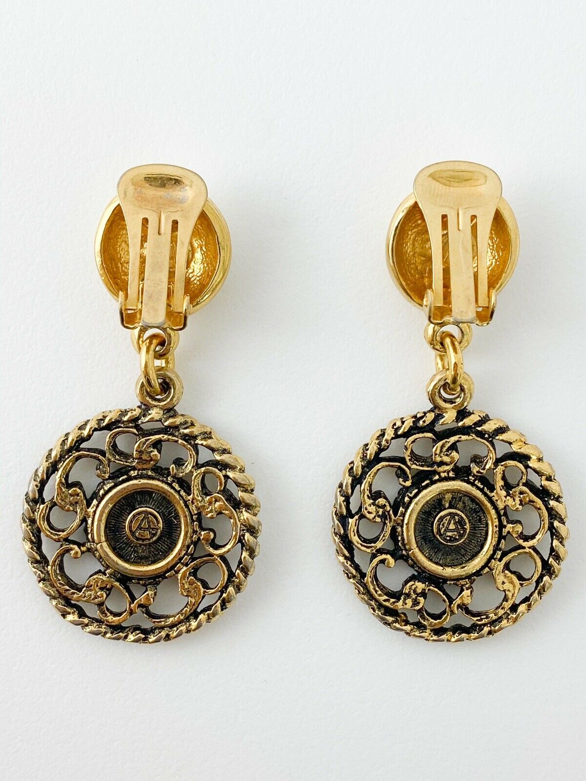 GIORGIO ARMANI Vintage Gold Tone Dangling Logo Medallion Earrings