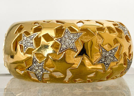 【SOLD OUT】GIVENCHY Gold Tone Openwork Bangle Cuff Bracelet Star Rhinestone Vintage
