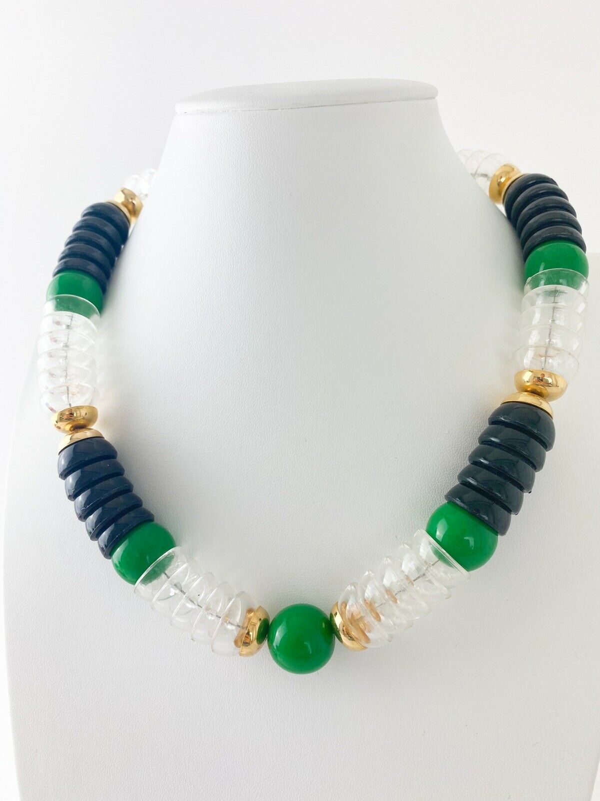 Vintage YSL Necklace, Yves Saint Laurent, Gold Tone Necklace, Link Necklace, Emerald Green Black Color, Gift for Her, Jewelry for Women