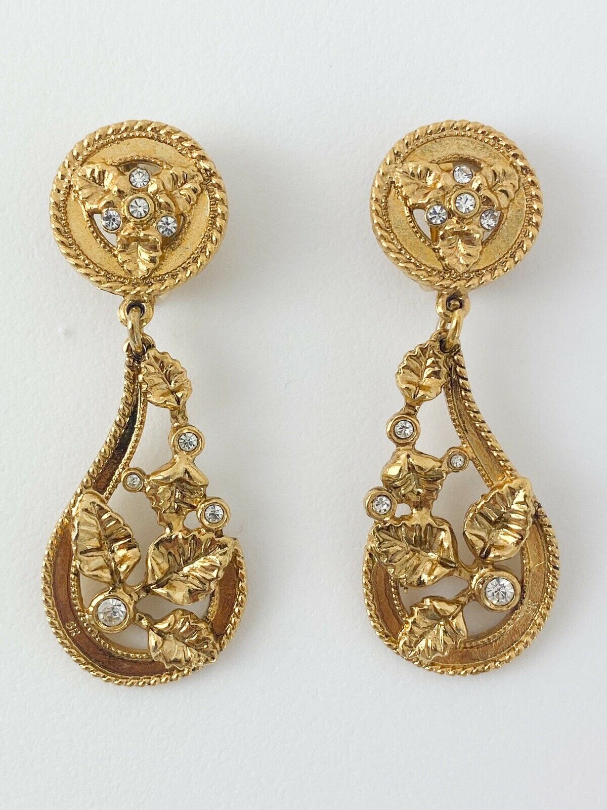 SONIA RYKIEL Vintage Gold Tone Dangle Leaves Earrings Rhinestone