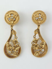 SONIA RYKIEL Vintage Gold Tone Dangle Leaves Earrings Rhinestone