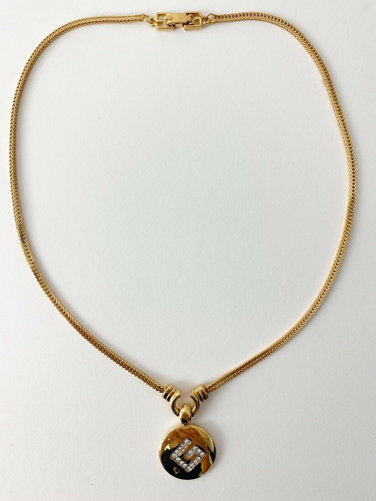 Givenchy Gold Tone G Logo Pendant Choker Necklace Vintage