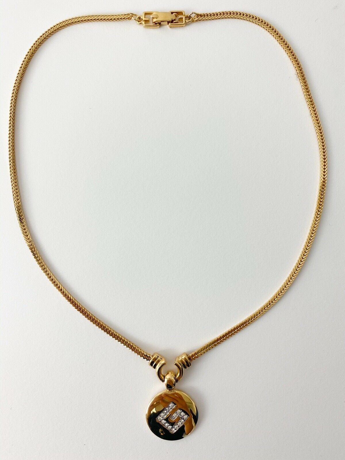 Givenchy Gold Tone G Logo Pendant Choker Necklace Vintage