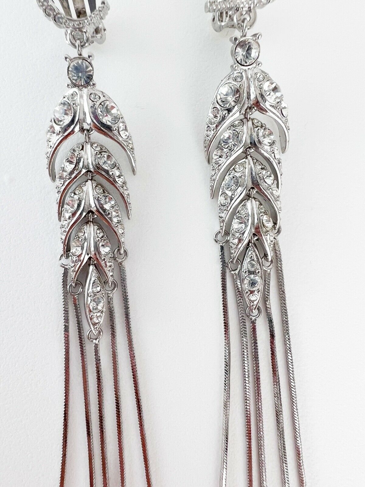 Christian Dior Silver Tone Vintage Clip-On Earrings Long Logo Rhinestones