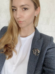 【SOLD OUT】GIORGIO ARMANI Silver Tone Tiger Head Brooch Pin Crystal Rhinestone Ruby