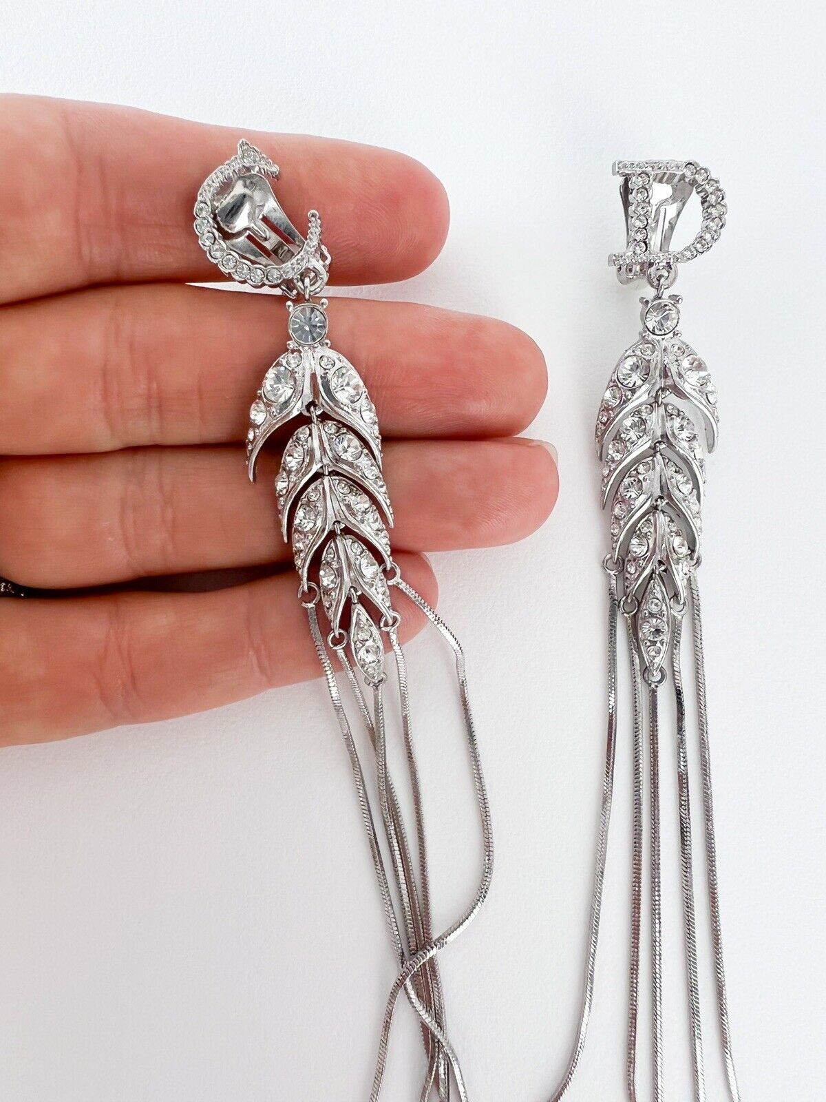 Christian Dior Silver Tone Vintage Clip-On Earrings Long Logo Rhinestones