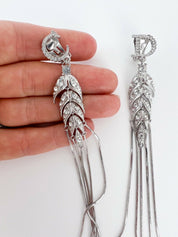 Christian Dior Silver Tone Vintage Clip-On Earrings Long Logo Rhinestones