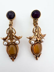 JEAN LOUIS SCHERRER Vintage Gold Tone Dangle Earrings Cabochon