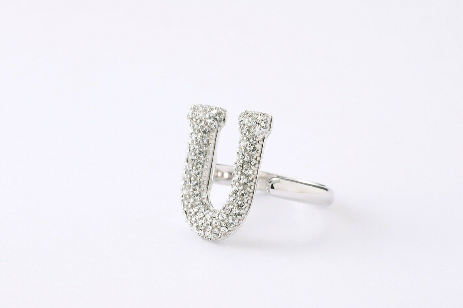Alphabet Ring Initial U Swarovski Crystals Free Size Sterling Silver 925 Rhodium Plated