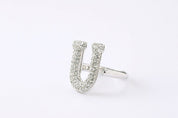 Alphabet Ring Initial U Swarovski Crystals Free Size Sterling Silver 925 Rhodium Plated
