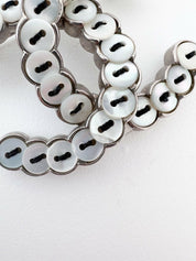 Chanel Vintage Silver Tone CC Logo Brooch Pin Natural Mother of Pearl Button Made in France